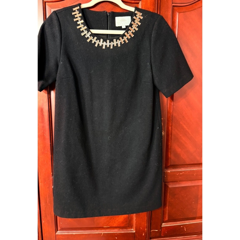 Madison Marcus Black Wool Blend Embellished Neckline Shift Mini Dress Small